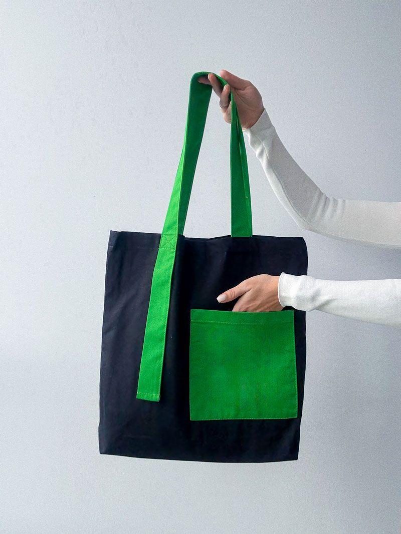 Чорно-зелений шопер із саржі з кишенею та магнітною кнопкою - стильна екосумка для покупок і щоденного використання без друку, розмір: 42см х 40см х 8см