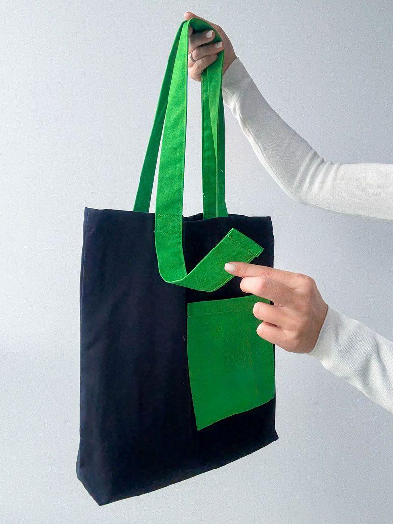 Чорно-зелений шопер із саржі з кишенею та магнітною кнопкою - стильна екосумка для покупок і щоденного використання без друку, розмір: 42см х 40см х 8см