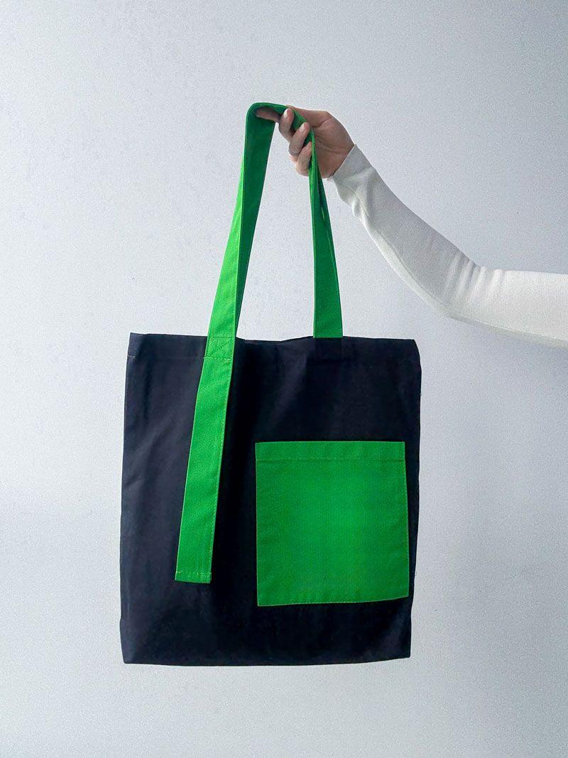Чорно-зелений шопер із саржі з кишенею та магнітною кнопкою - стильна екосумка для покупок і щоденного використання без друку, розмір: 42см х 40см х 8см