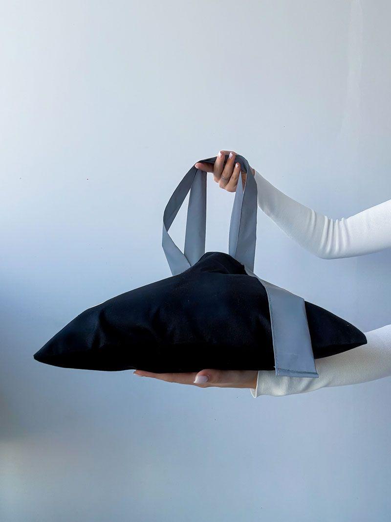 Сумка шопер чорна з довгими сірими ручками з cтрічки - еко торба без дна, пласка, стильна, для покупок, на плече без друку, розмір: 38см х 42см