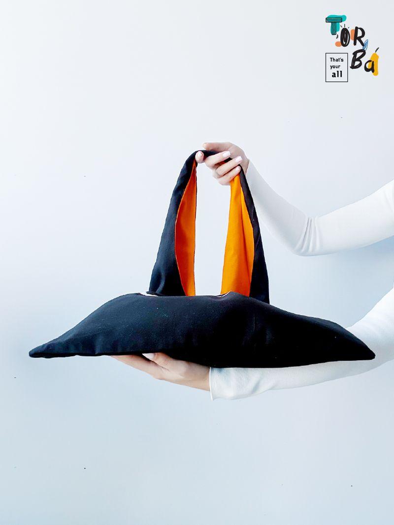 Черная сумка-пакет из натуральной ткани, с яркой оранжевой подкладкой, без печати, размер: 43см х 80см