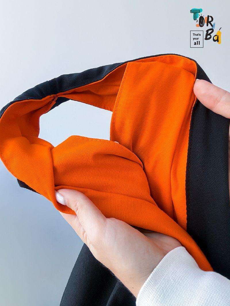 Черная сумка-пакет из натуральной ткани, с яркой оранжевой подкладкой, без печати, размер: 43см х 80см