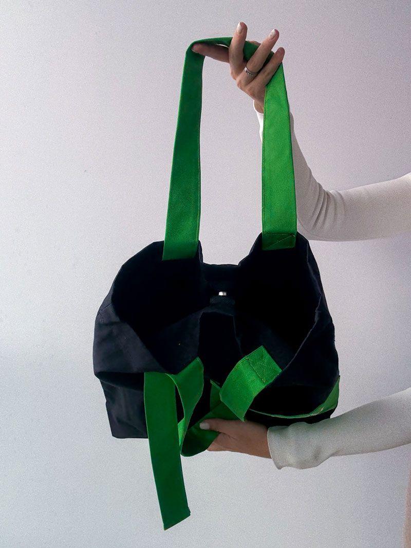 Чорно-зелений шопер із саржі з кишенею та магнітною кнопкою - стильна екосумка для покупок і щоденного використання без друку, розмір: 42см х 40см х 8см