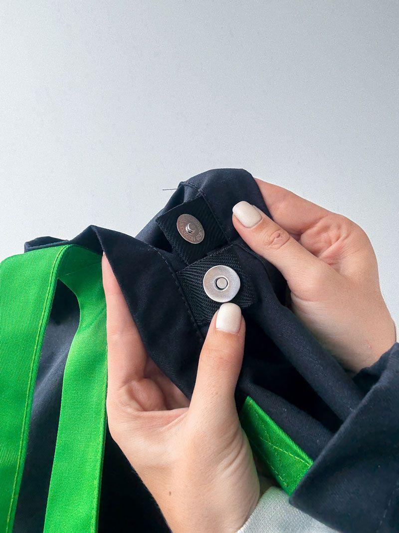 Чорно-зелений шопер із саржі з кишенею та магнітною кнопкою - стильна екосумка для покупок і щоденного використання без друку, розмір: 42см х 40см х 8см