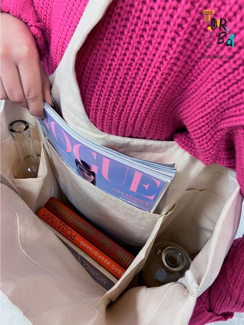 Cумка шопер с цельнокройными ручками и организованным пространством внутри без печати Размер: 40см х 42см х 12